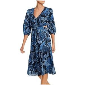 Parker Dixie Printed Tie Waist Midi Length Marine Safari Blue Dress